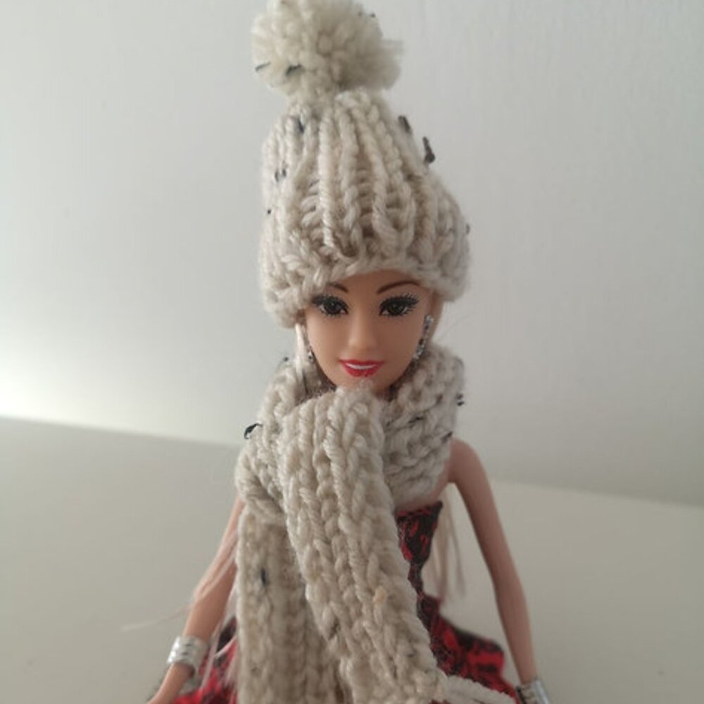 Aran Tweed Doll Pompom Hat and Scarf Set